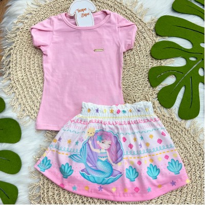 Conj Blusa Rosa e Saia Sereia 